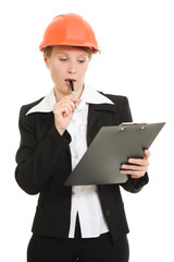 Businesswoman in a helmet on a white background.