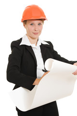 Businesswoman in a helmet on a white background.