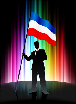 Serbia And Montenegro Flag With Businessman On Abstract Spectrum