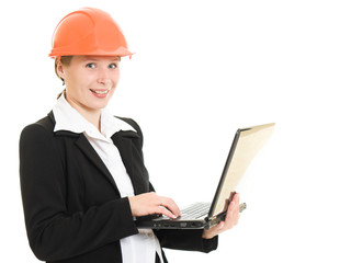 Businesswoman in a helmet on a white background.