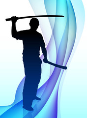 Karate Sensei with Sword on Abstract Wave Background