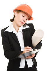 Businesswoman in a helmet on a white background.