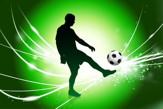Soccer Player on Abstract Green Light Background
