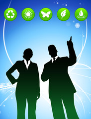 Business Couple on Abstract Light Background with Nature Icons