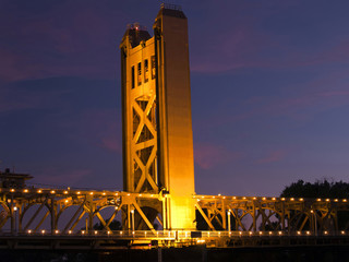 Sacramento Tower Bridge night lights after sunset