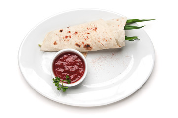 Pancake with sauce and greens