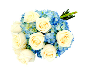 Wedding bridal bouquet with cream roses and blue hydrangea