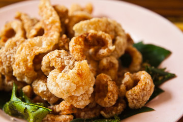 Crispy pork salted rind with thai herbal,Thai sty food