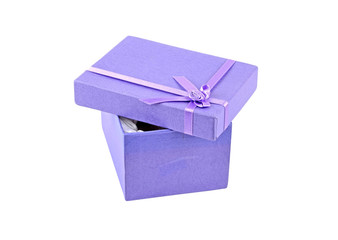 Opened lilac gift box, isolated on white background
