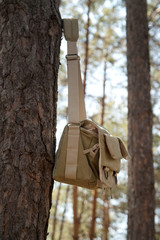 Shoulder bag hanging on pine tree