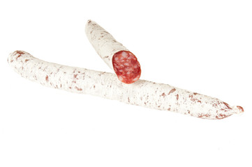 Image of a freshly cut iberian chorizo over an entire piece