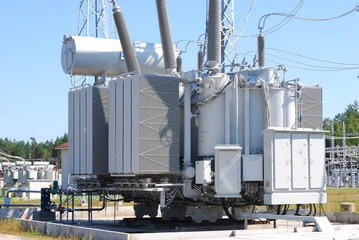 The powerful transformer on electrical substation