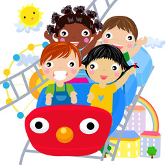 Illustration of Kids Riding a Crayon Shaped Roller Coaster Car