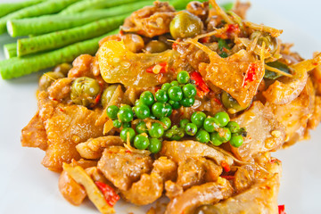Thai food, Pork, Spicy Boar mixed with spices on plate