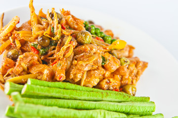 Thai food, Pork, Spicy Boar mixed with spices on plate