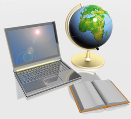 Open book, globe and laptop