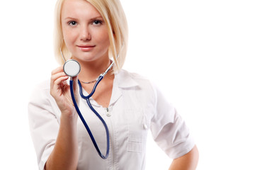 Closeup of doctor's hand with stethoscope.