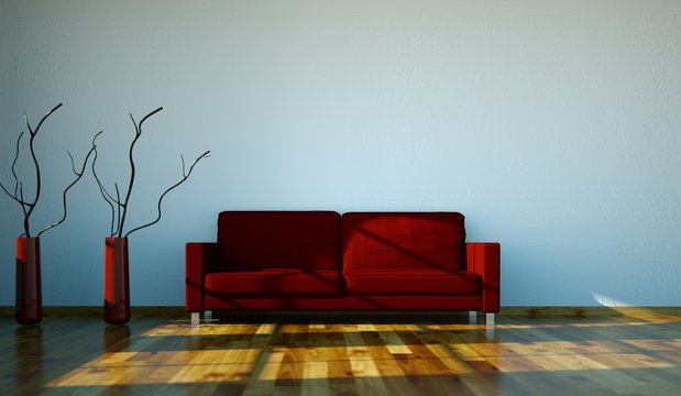 Wohndesign - rotes Sofa vor weisser Wand