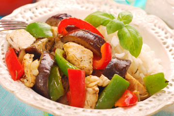 dinner with grilled vegetables,chicken and rice