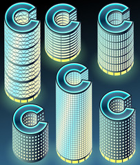 Set of night buildings in form of alphabet. Letter C