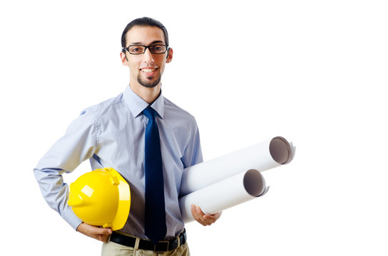 Engineer working with drawings on white