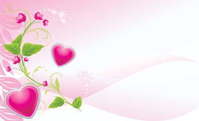 Sprig with pink flowers and hearts on the abstract background