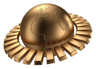 Golden earth with gold bars. Include clipping path.