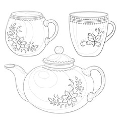 Teapot and cups, contours