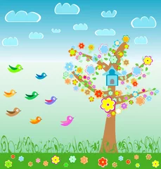 Foto op Plexiglas zomerlandschap met vogels bloem en boom © fotoscool