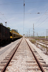 Fototapeta na wymiar Single railway to horizon with empty cargo wagons on side