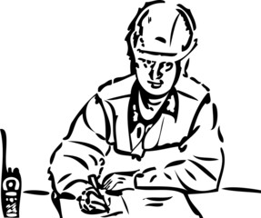sketch of a man in a helmet at the table