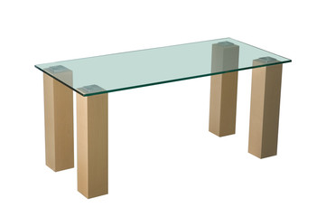 Nowoczesny stolik szklany na drewnianych nogach na białym tle