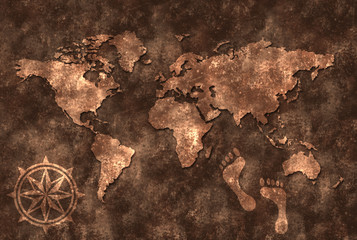 世界地図と足跡