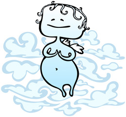 Young cute angel floating in clouds - vector illustration