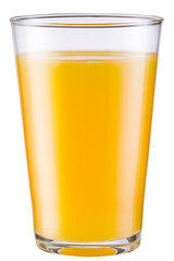 Orange juice in glass on a white background.