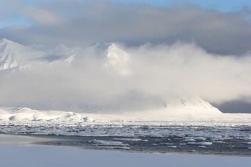 Arctic landscape - mountains, glacier, sea
