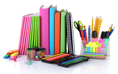 Fototapeta premium bright stationery and books isolated on white