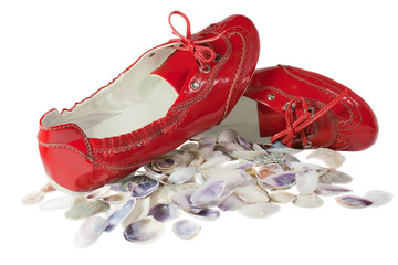 Red lady ballet flat shoes and seashells isolated on white