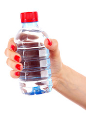 woman's hand and bottle of water isolated on white