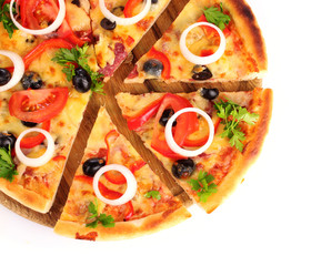 pizza on a wooden stand isolated on white