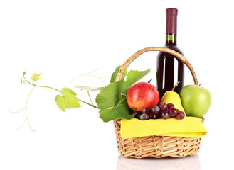 Wine and fruits isolated on white