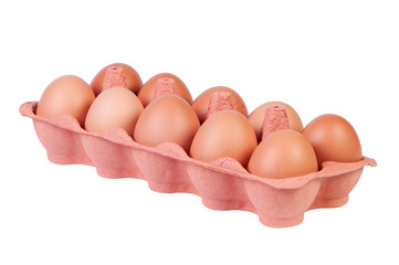 Chicken eggs in carton box isolated on white background.