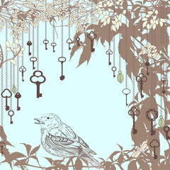 Vintage card with sparrow and keys