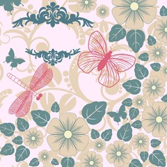 Vector retro background with stylized insects and flowers