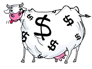 Cartoon of a cash cow with dollar signs on its body