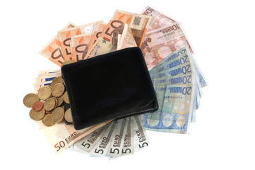 Geldbeutel mit Geld drumherum