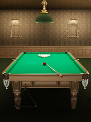 billiard or pool table in luxurious interior with pattern wallpa