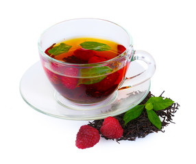 black tea, mint and raspberry in cup isolated on white