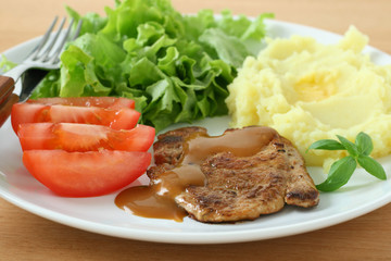 Fried pork with sauce and mashed potato
