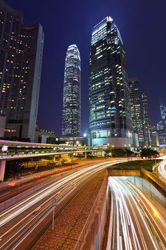 Hong Kong business district at night in rush hour